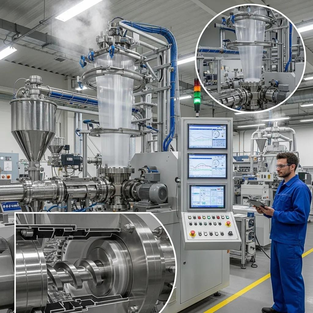 Blown film extruder demonstrating production capacity and automation features, with a technician monitoring machinery and control panel in a plastic production facility.