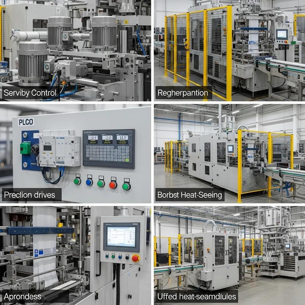 Advanced automatic wicket bag machine with servo motors, PLC control, and modular components for efficient packaging operations in a factory setting.