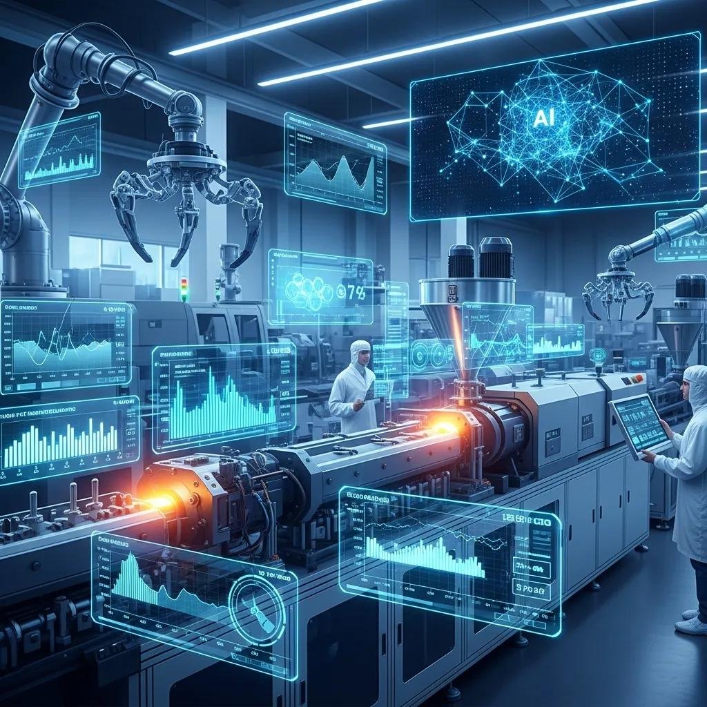 Advanced machinery and AI technology in plastic extrusion, showcasing smart manufacturing processes with data analytics and automated controls in a modern factory setting.