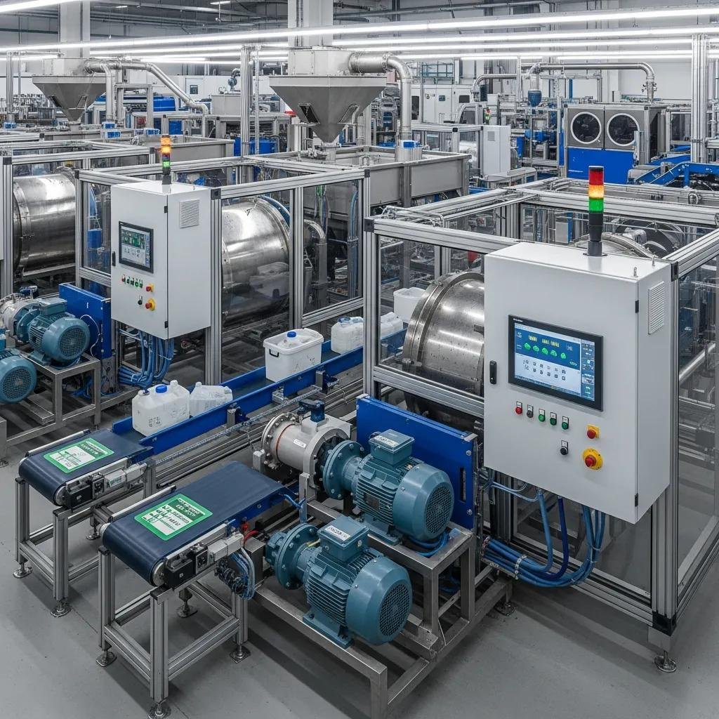 Advanced plastic washing technology featuring modular configurations, automation systems, and processing equipment in a factory setting for efficient recycling of contaminated plastics.