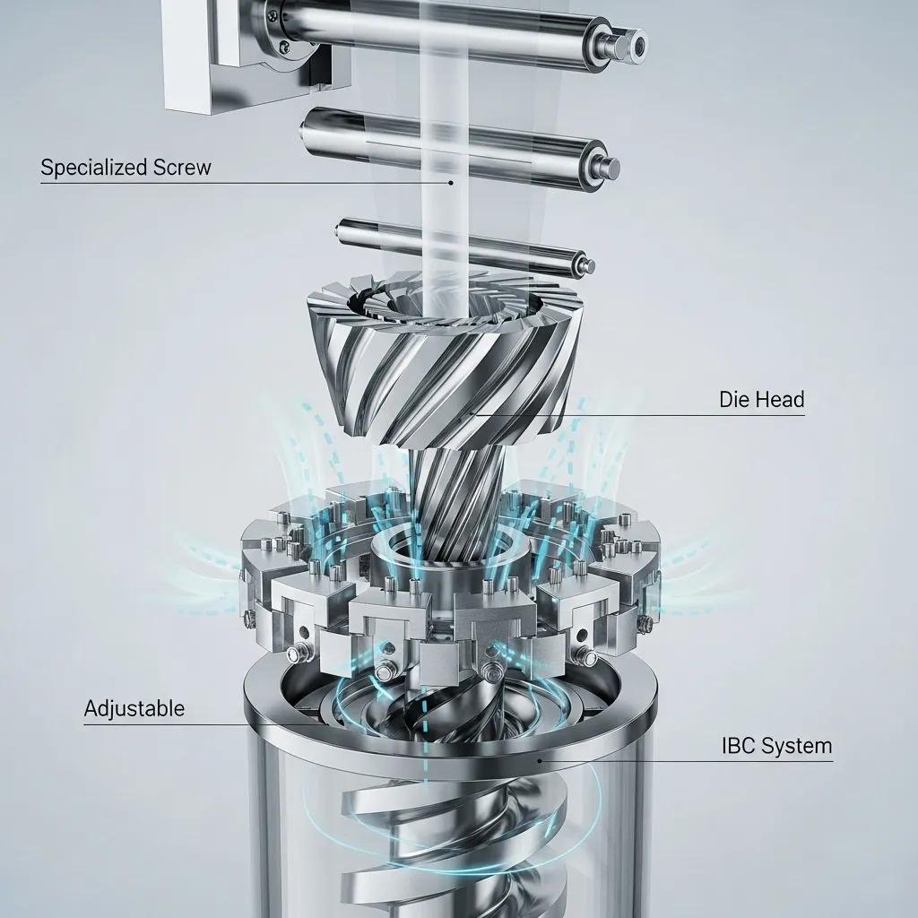 Advanced blown film machine components, including specialized screw, die head, and adjustable IBC system, illustrating technology for producing durable, puncture-resistant film.