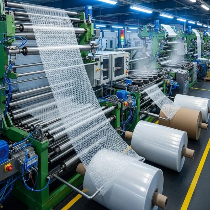 Air bubble film production line with machinery and rolls of bubble wrap
