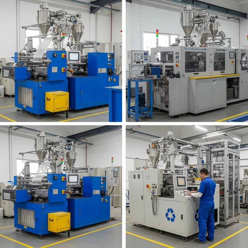Ancillary machines for plastic film and bag production, including blown film extruders, printing equipment, and recycling systems, with operator overseeing machinery in a production facility.