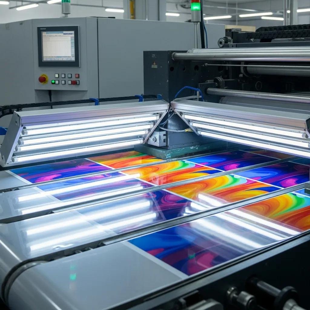 UV-curing process in gravure printing machine with colorful printed plastic films, showcasing instant ink fixation and high-gloss finish.