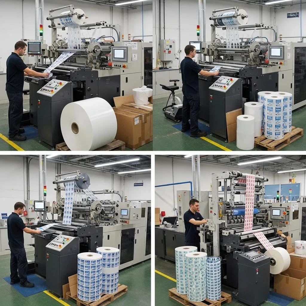 High-speed slitter rewinder machine in operation, processing flexible packaging with precise roll handling, featuring servo motors and PLC controls, surrounded by finished rolls and packaging materials in a manufacturing facility.