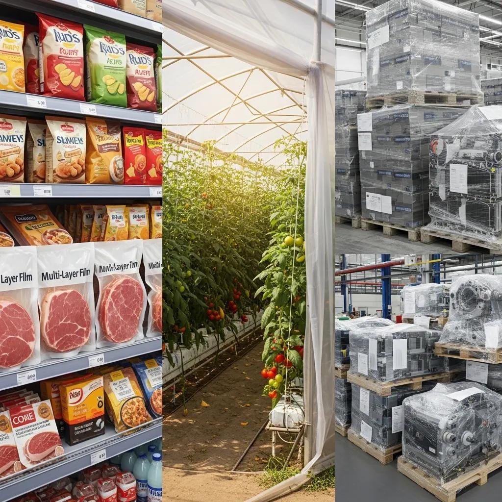 Multi-layer films in food packaging, greenhouse with tomato plants, industrial machinery in storage, showcasing applications in food, agriculture, and industry.
