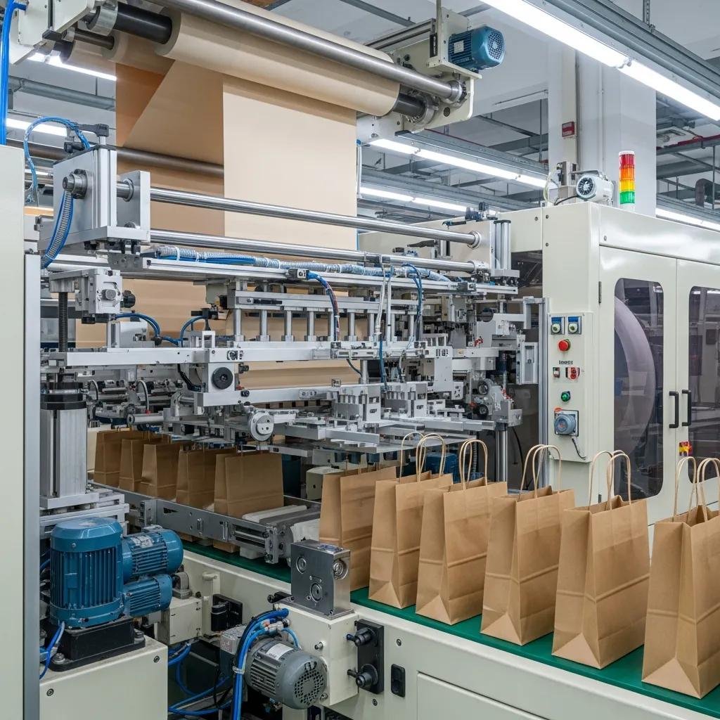 Automated square bottom paper bag machine producing eco-friendly shopping bags with handles in a modern manufacturing facility.
