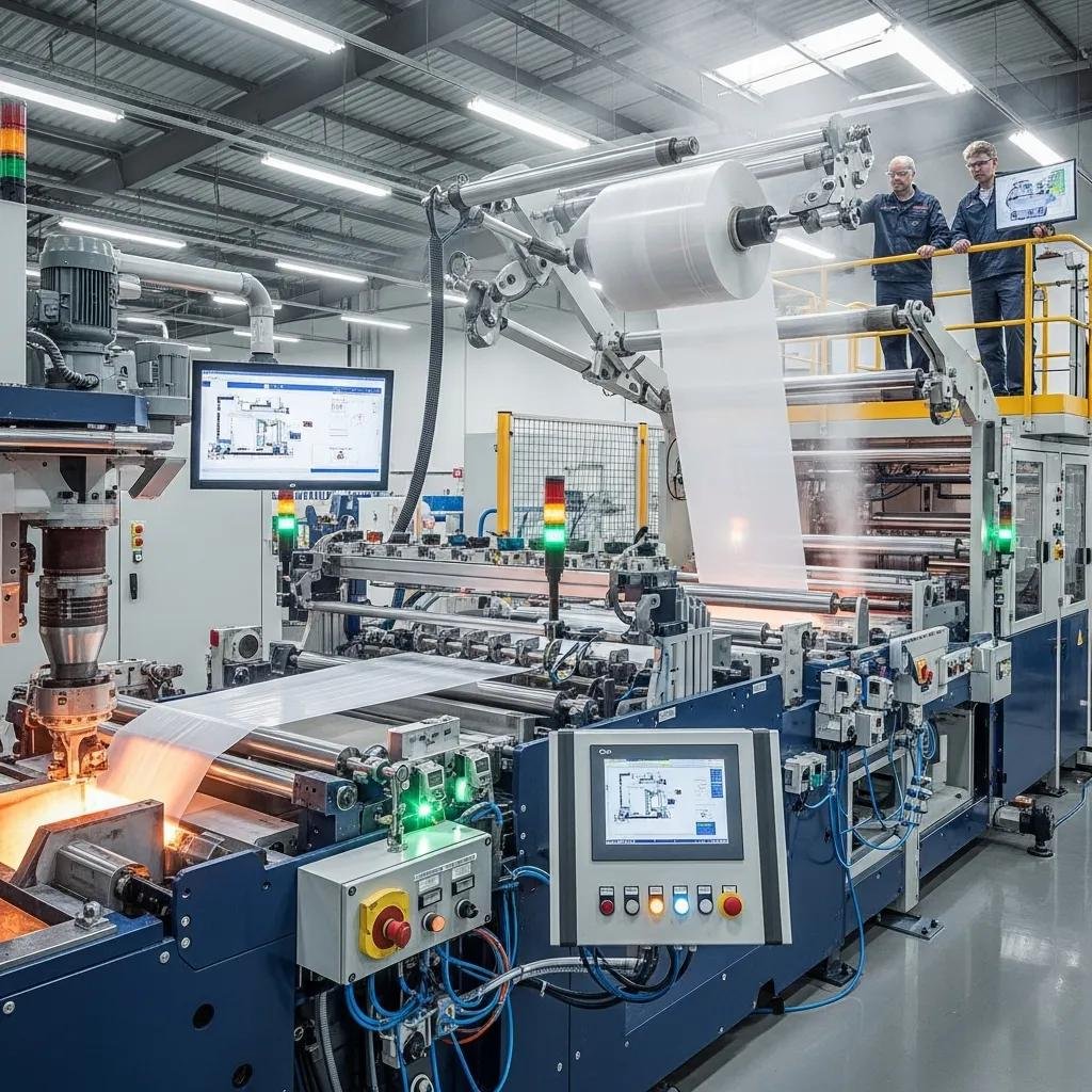 Automated stretch film production line featuring advanced machinery, operators monitoring processes, and efficient manufacturing of high-clarity films.
