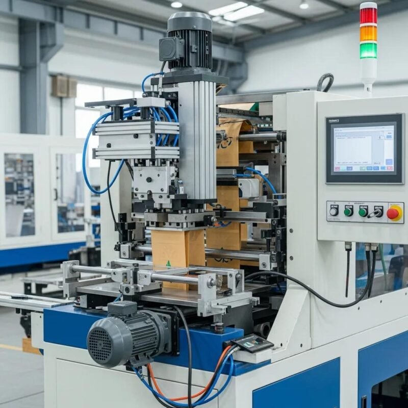 Automatic t-shirt bag machine with punching unit in a factory, highlighting production efficiency and advanced technology