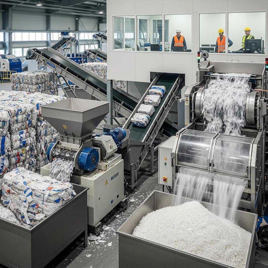 Industrial recycling facility with LDPE plastic film being processed, featuring shredders, conveyors, and machinery for washing and pelletizing.