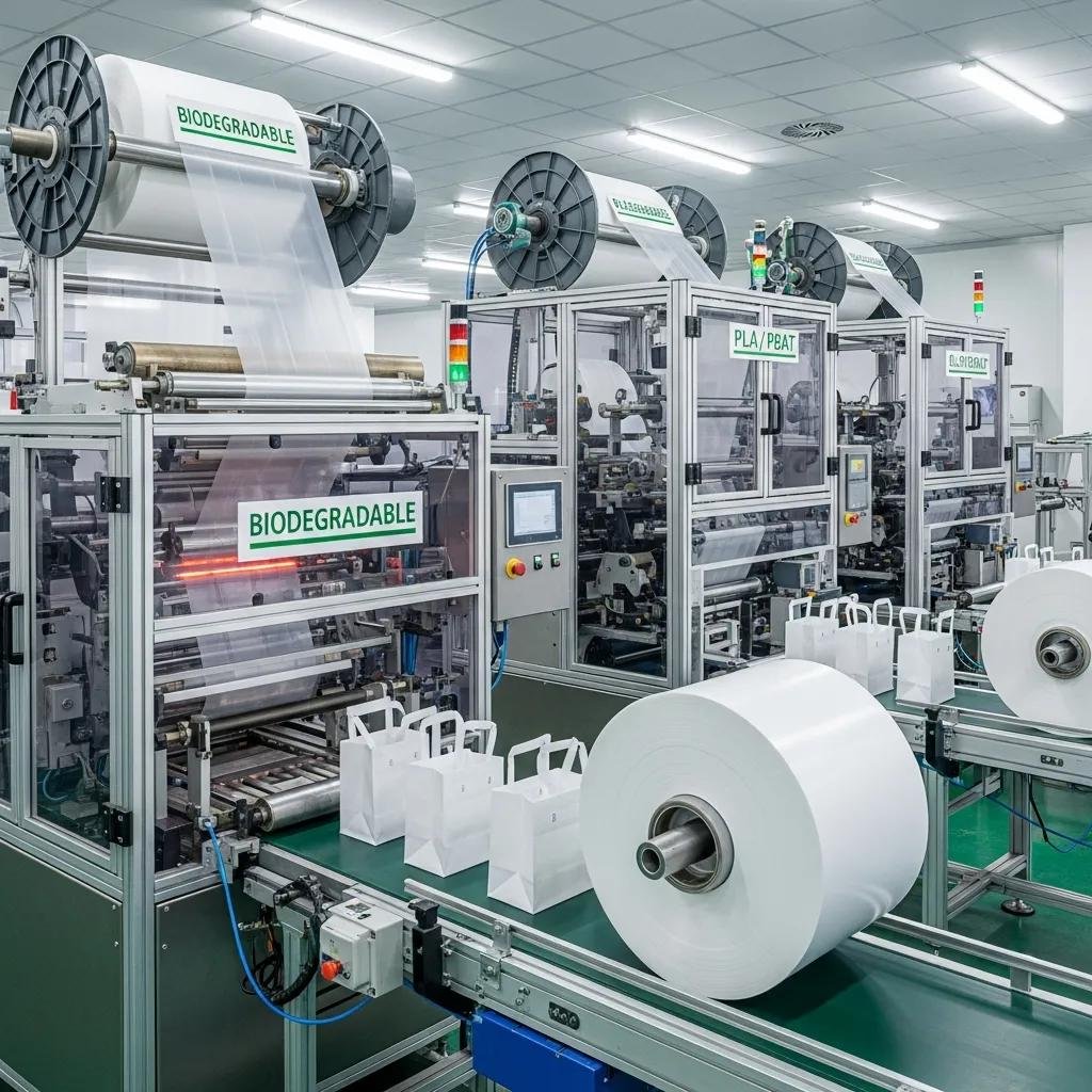 Biodegradable bag making machines processing PLA and PBAT polymers, featuring low-temperature sealing and winding systems, with visible labels indicating "Biodegradable" and "PLA/PBAT."
