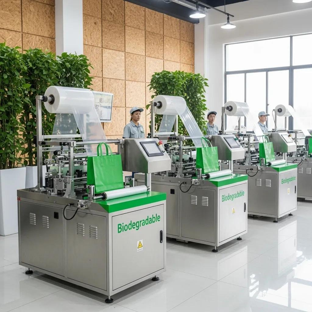 Biodegradable T-shirt bag making machines in an eco-friendly production setting, featuring advanced technology and operators, emphasizing sustainability and efficiency.