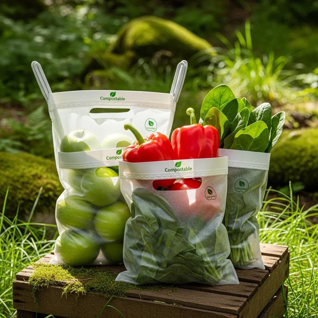Biodegradable wicket bags filled with green apples, red bell peppers, and spinach in a natural eco-friendly setting, emphasizing sustainable packaging solutions.