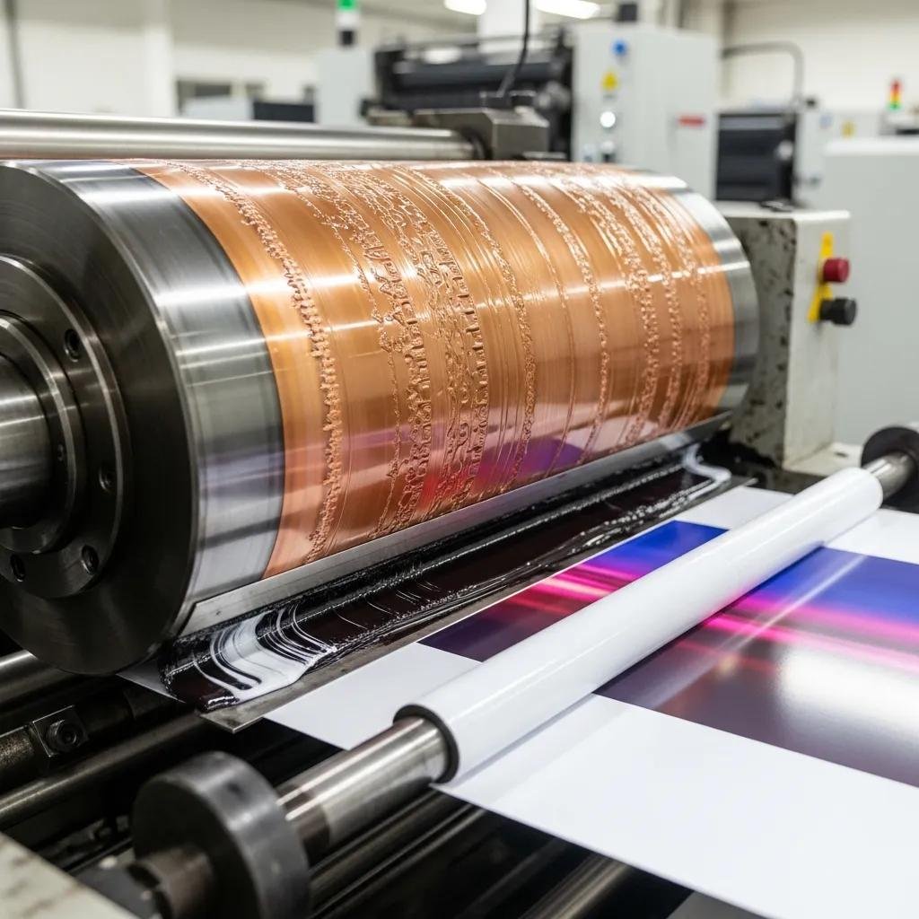 Close-up of engraved cylinder in gravure printing process, showcasing intaglio cells and ink transfer to substrate, with printed image demonstrating high color density and continuous-tone reproduction.
