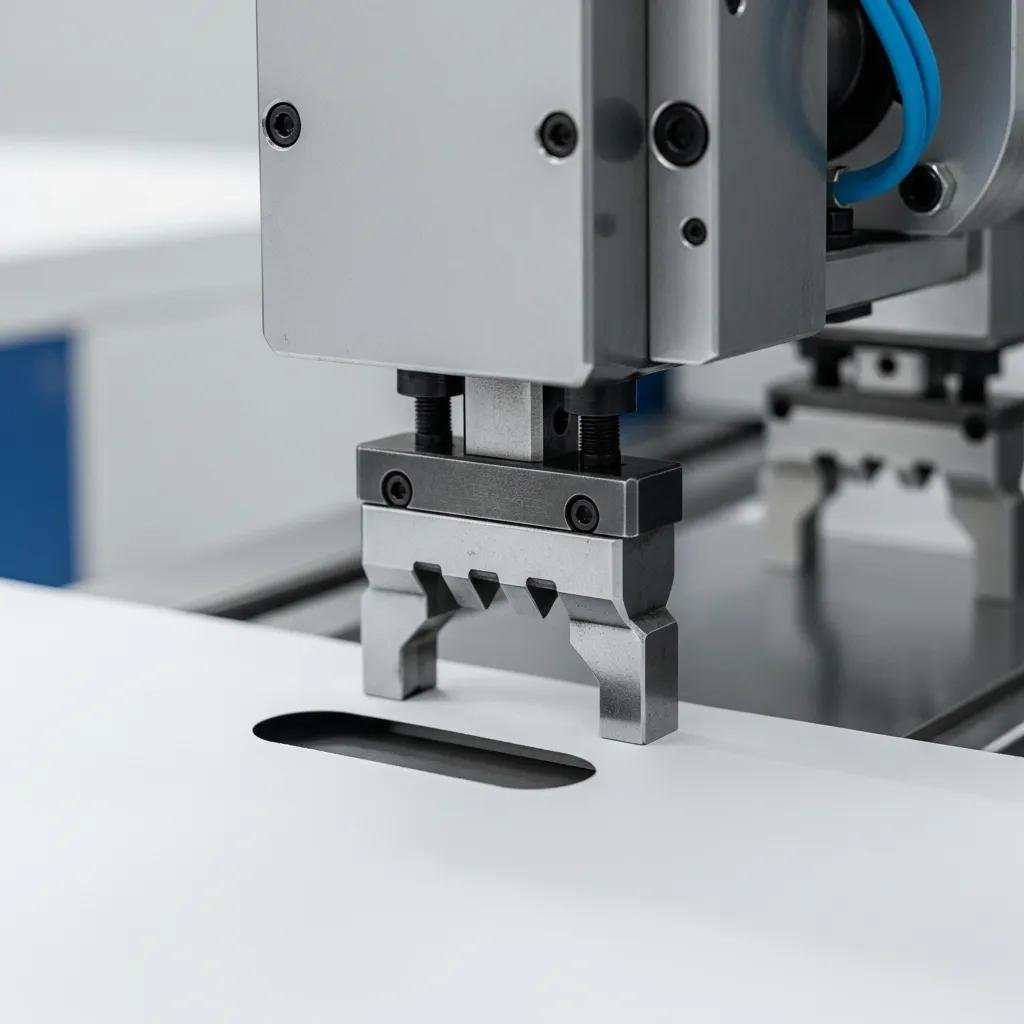 Close-up of an automatic punching unit in action, demonstrating precision handle creation on t-shirt bags during the manufacturing process.