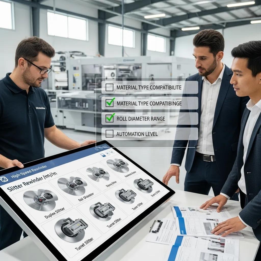 Three professionals reviewing a digital checklist for selecting high-speed slitter rewinder machines, with focus on material type compatibility, roll diameter range, and automation level, in a modern manufacturing setting.