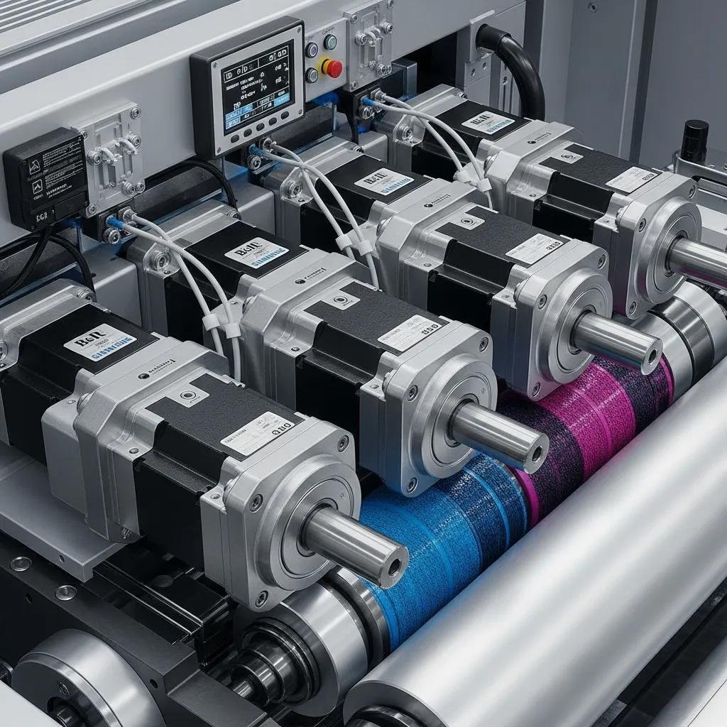 Gearless servo drive system with individual motors controlling print stations, showcasing advanced flexo printing technology and high-quality film printing capabilities.