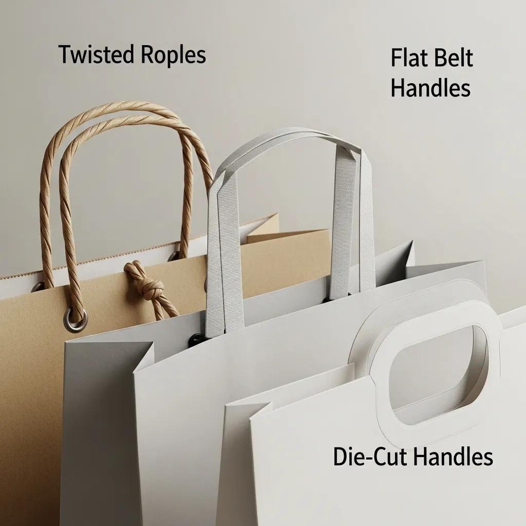 Different handle integration methods for paper bags: twisted rope handles, flat belt handles, and die-cut handles, highlighting variations in aesthetics and functionalities.