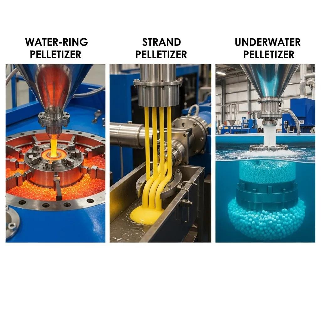 Water-ring pelletizer, strand pelletizer, and underwater pelletizer systems for plastic recycling, showcasing distinct cooling methods and pellet formation processes.