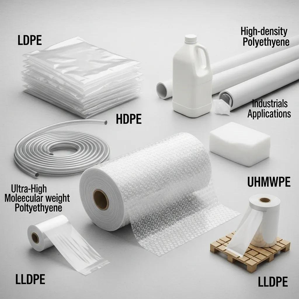Different types of polyethylene materials including low-density polyethylene (LDPE) sheets, high-density polyethylene (HDPE) containers, ultra-high molecular weight polyethylene (UHMWPE), and linear low-density polyethylene (LLDPE) film, showcasing their applications in air bubble film manufacturing.