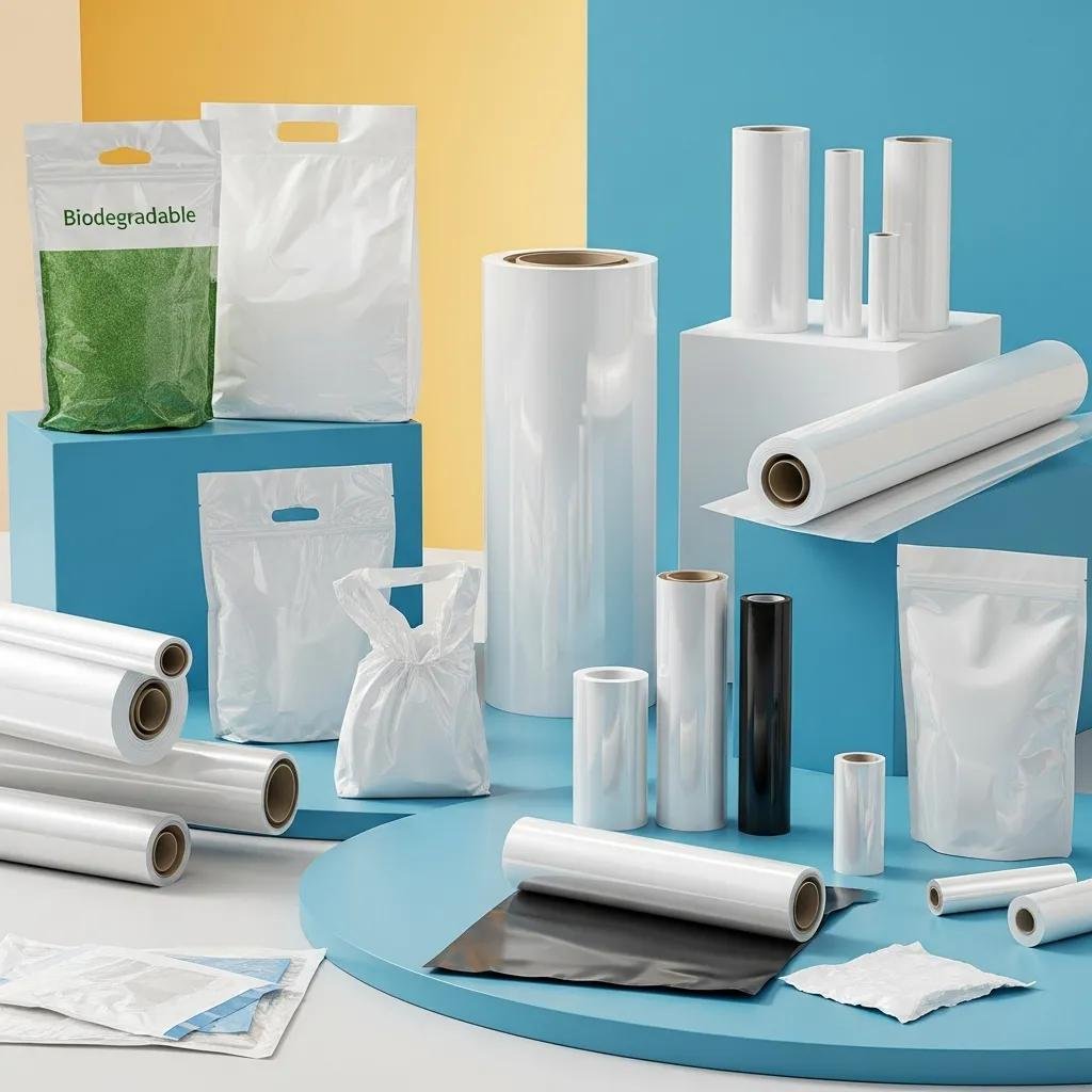 Diverse range of biodegradable and conventional plastic films and bags in an eco-friendly setting, illustrating sustainability trends in the plastic film and bag market for 2025-2030.