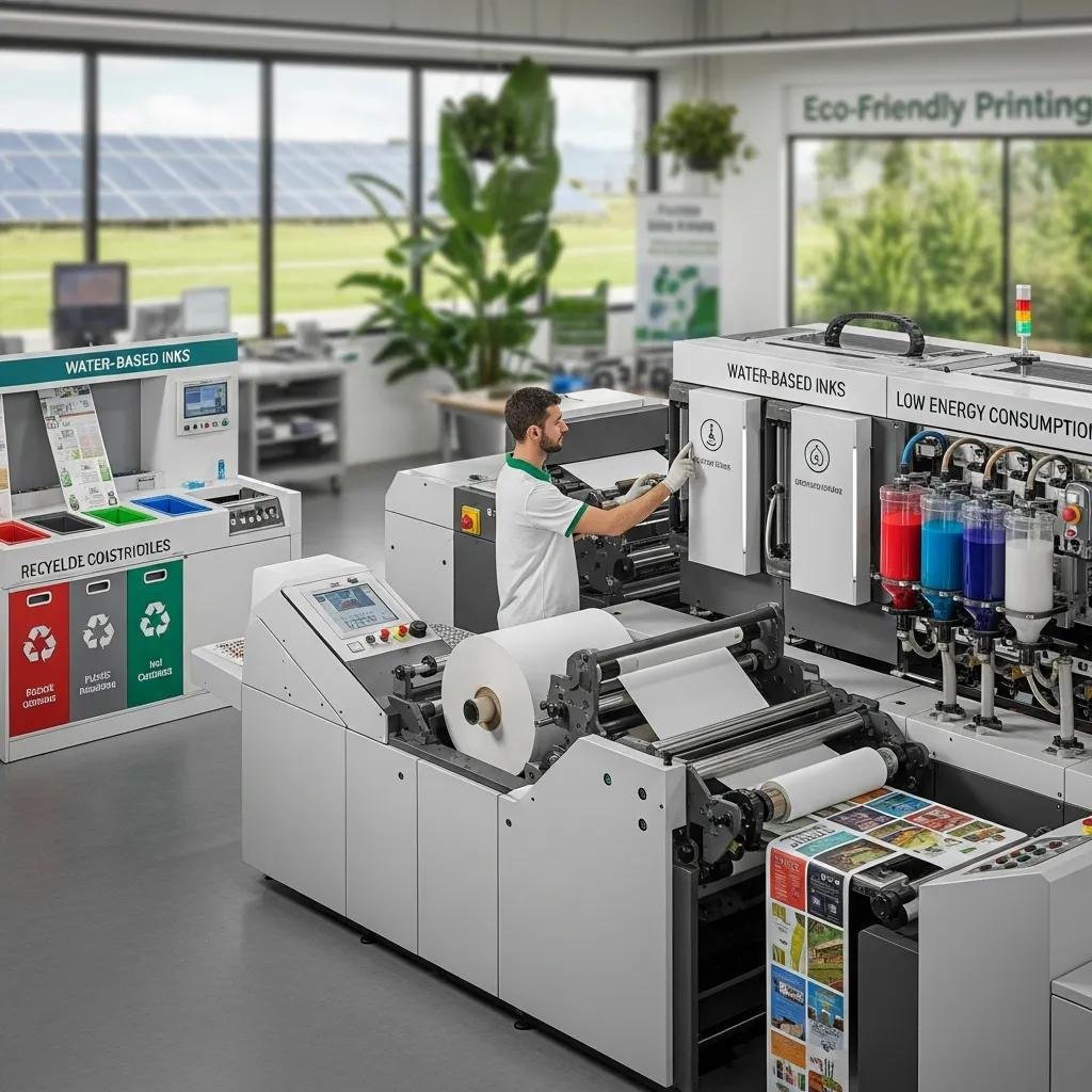 Eco-friendly flexo printing setup featuring a technician operating a machine with water-based inks and energy-efficient components, emphasizing sustainability in packaging production.