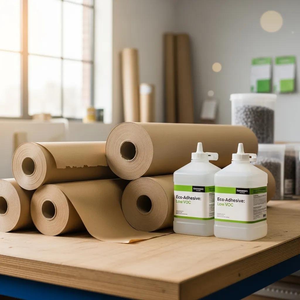Eco-friendly materials for paper bag production, including recycled kraft paper rolls and low-VOC adhesives on a wooden table in a well-lit workspace.