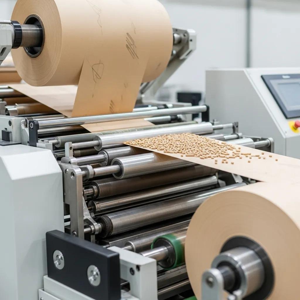 Eco-friendly paper straw making machine with food-grade paper roll and compostable polymer beads in a modern industrial setting.