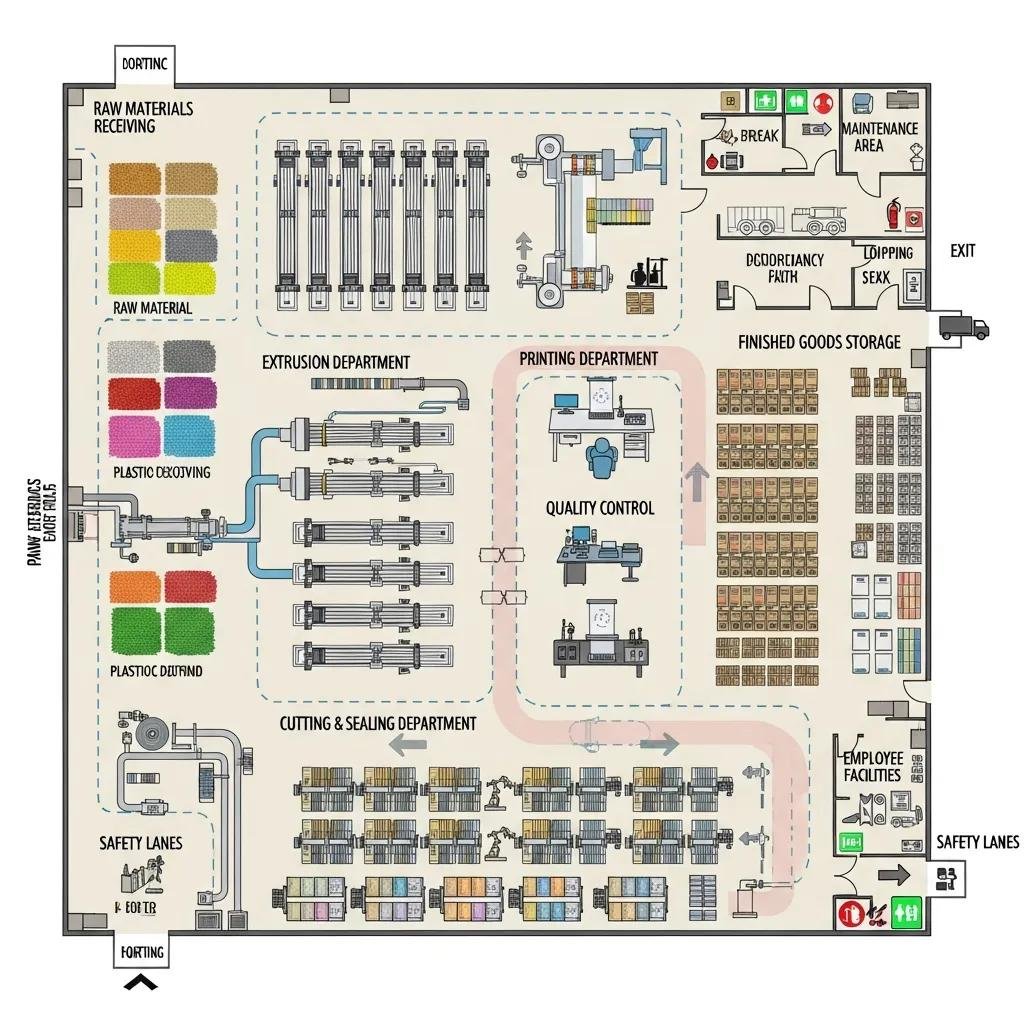 Efficient factory layout for plastic bag production, featuring machinery in extrusion, printing, cutting and sealing departments, with workflow paths and safety zones.