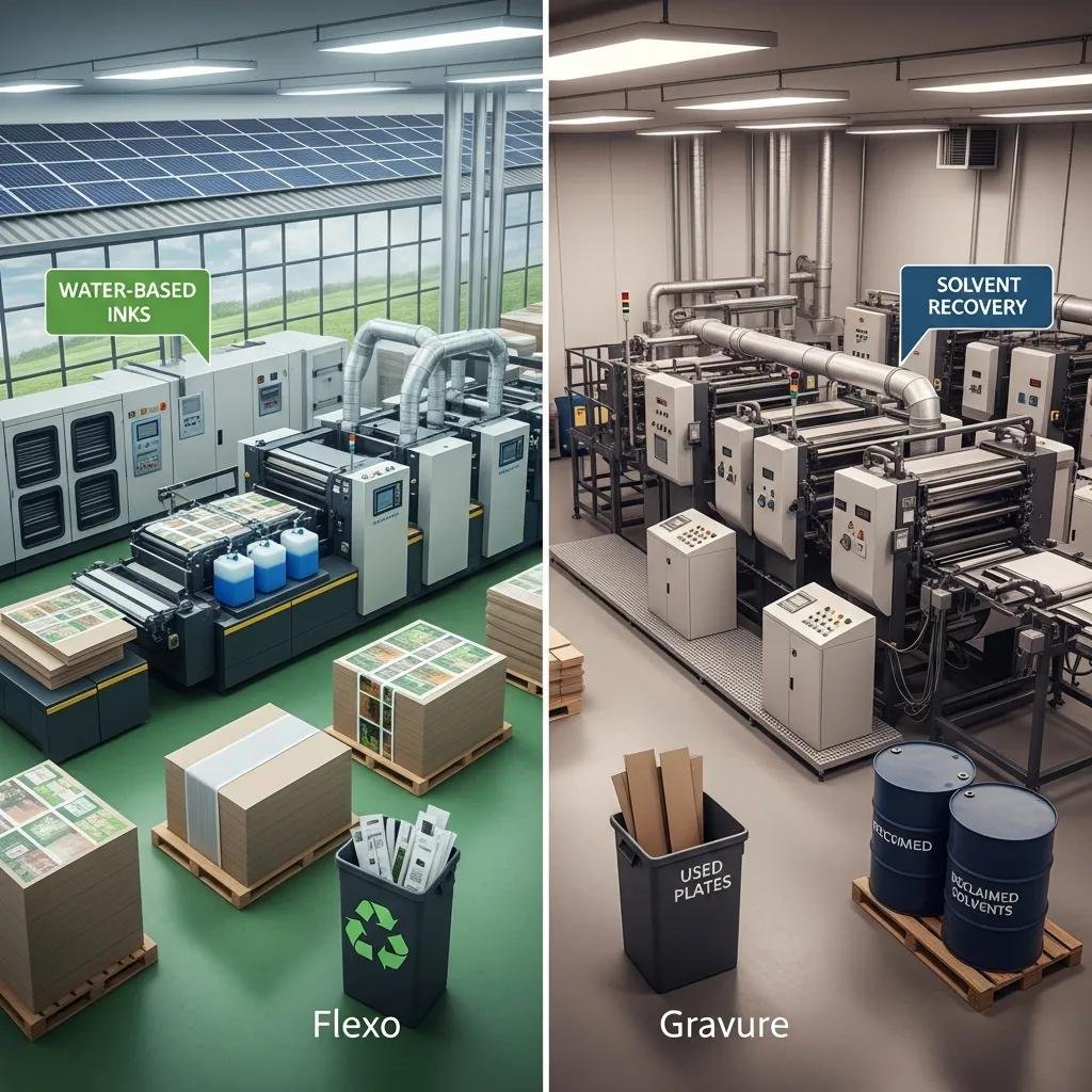 Flexo printing setup with water-based inks and recycling bins on the left, contrasted with gravure printing system featuring solvent recovery and waste management on the right, illustrating environmental considerations in packaging printing technologies.