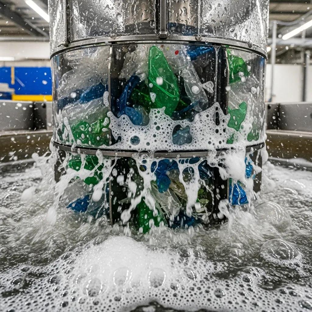 Friction washer in an industrial washing process, cleaning plastic flakes with surfactants, surrounded by bubbles and water, illustrating the recycling of contaminated plastics.