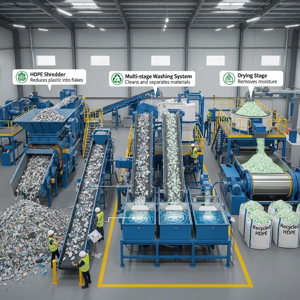 HDPE recycling facility featuring industrial HDPE shredder, multi-stage washing system for cleaning and separating materials, and drying stage for moisture removal, with workers overseeing the process.