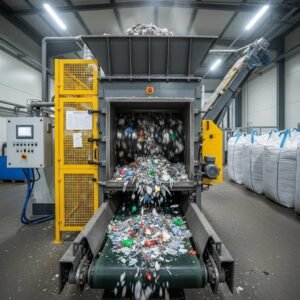 Heavy-duty plastic shredder machine in action, processing plastic waste for recycling
