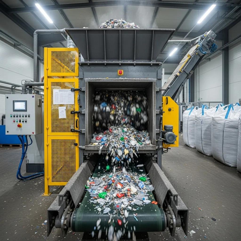 Heavy-duty plastic shredder machine in action, processing plastic waste into smaller flakes, with control panel visible and bulk bags in the background, showcasing industrial recycling capabilities.