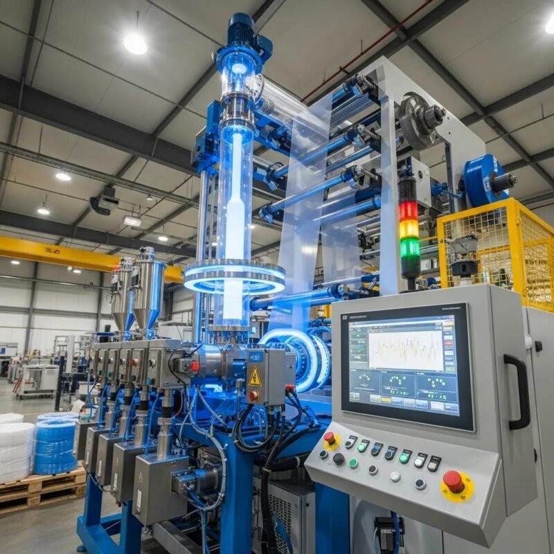 High-performance multi-layer blown film extrusion machine in a factory setting
