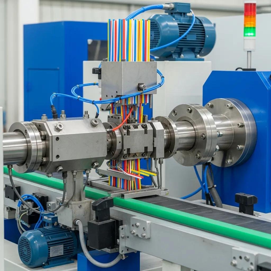 High-speed automatic straw extrusion machine producing colorful plastic straws in an industrial setting.