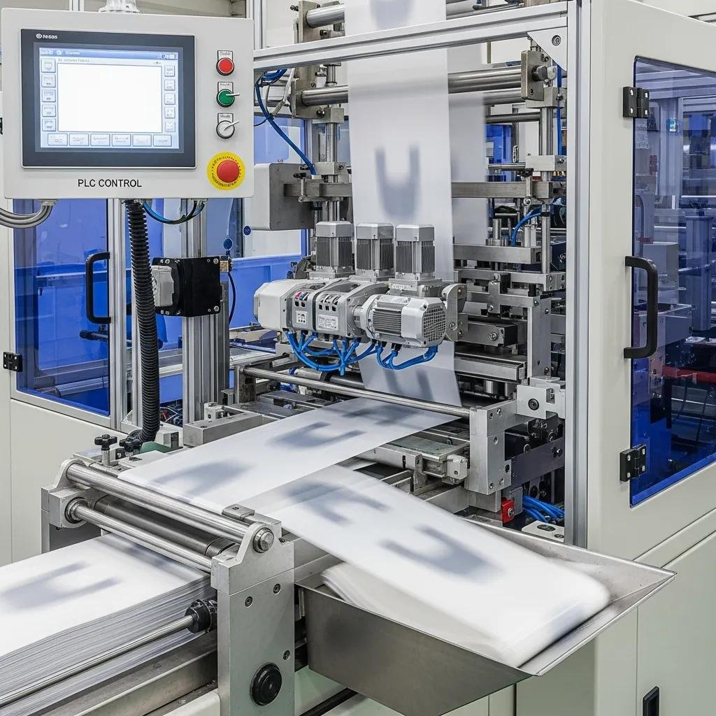 High-speed automatic T-shirt bag making machine with PLC control, showcasing advanced features for cutting and sealing rolled film into vest-style bags in a production environment.