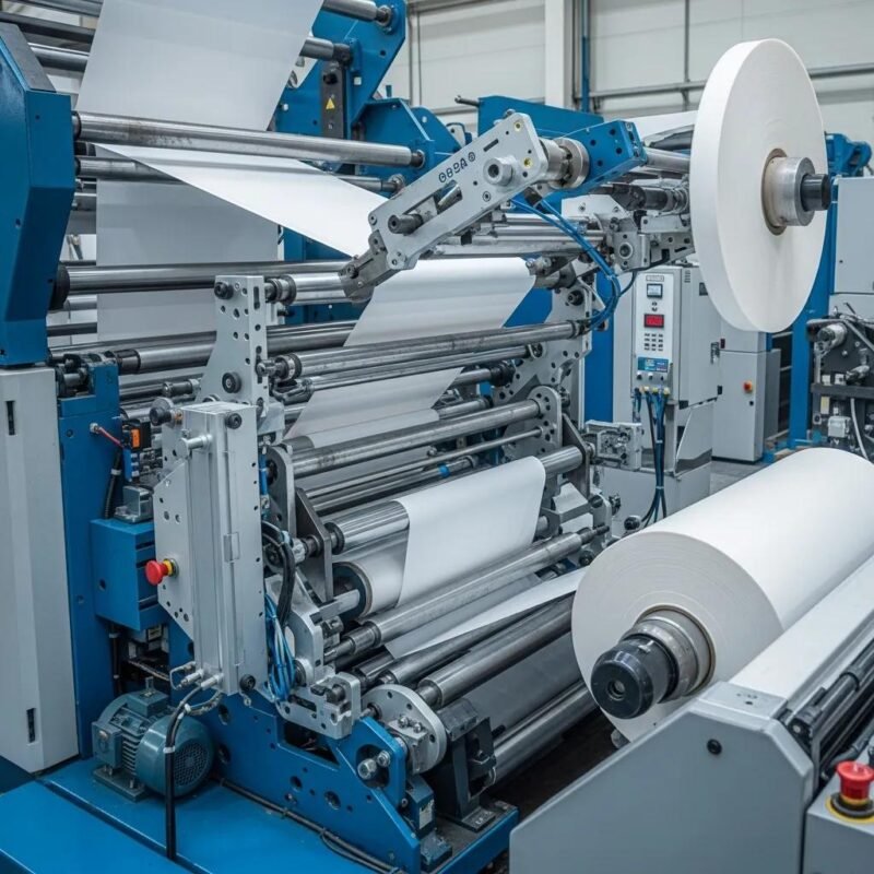 High-speed slitter rewinder machine processing film and paper rolls