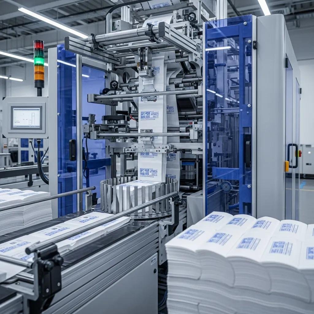 High-speed wicket bag machine producing automated packaging bags in a modern facility, showcasing advanced sealing and stacking technology.