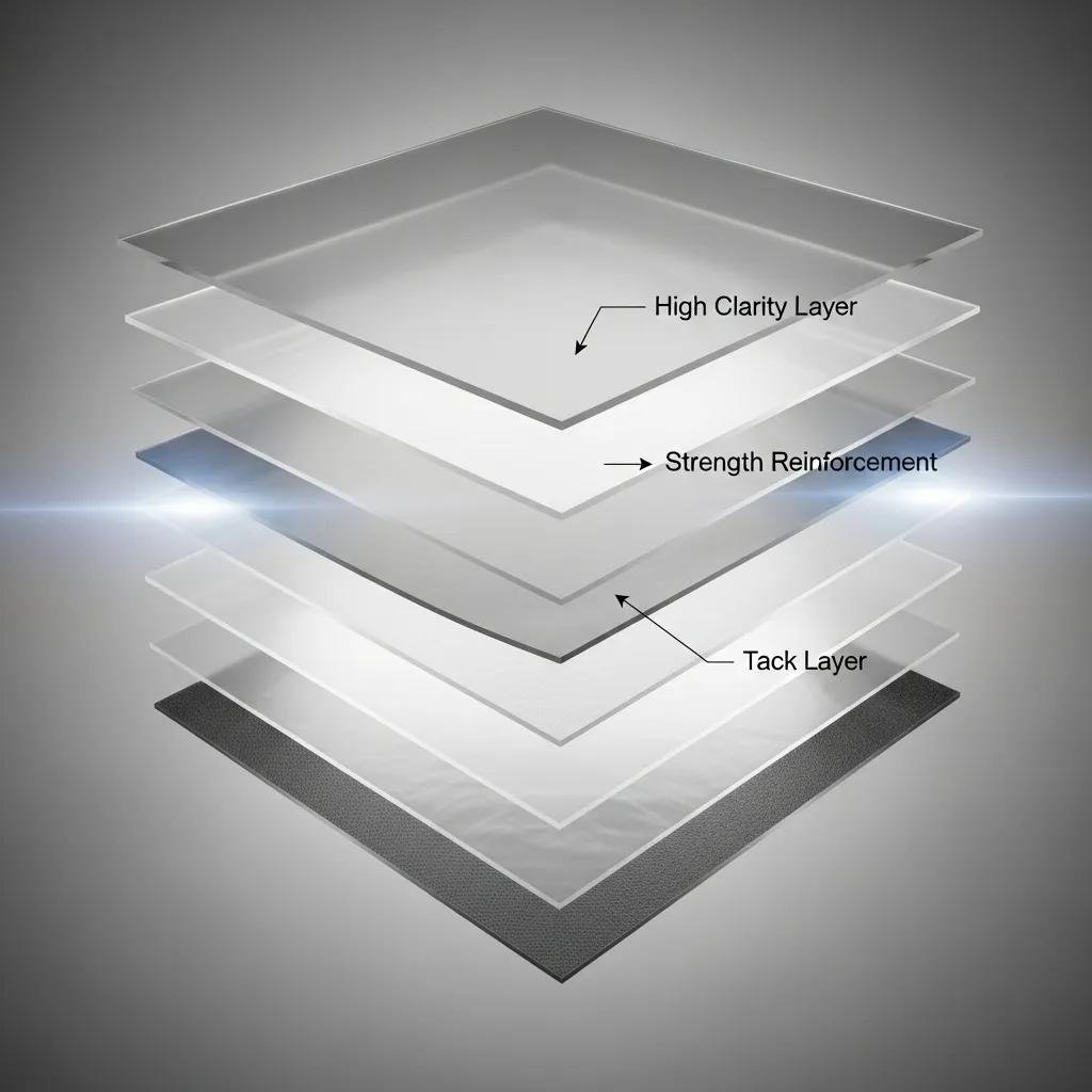 Illustration of multi-layer cast stretch film showcasing distinct layers labeled as high clarity layer, strength reinforcement, and tack layer, emphasizing clarity and strength in film production.