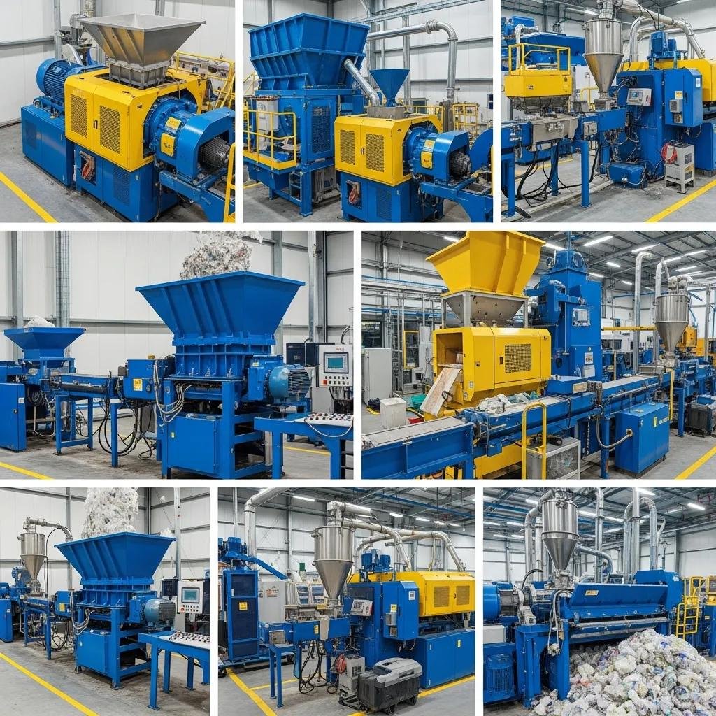 Industrial recycling equipment for HDPE, LDPE, PP, and PET plastics in a modern facility, showcasing shredders, extruders, and pelletizers for efficient waste processing.