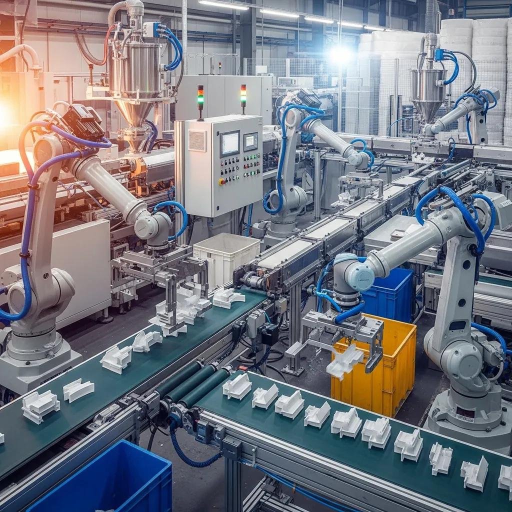 Industrial robots automating plastic extrusion and bag production, equipped with conveyor belts, handling components, and integrated control systems in a manufacturing environment.