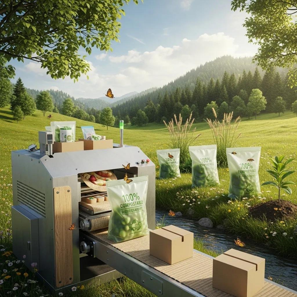 Eco-friendly film blowing machine in lush landscape, showcasing 100% compostable bags on conveyor, emphasizing sustainable packaging benefits.