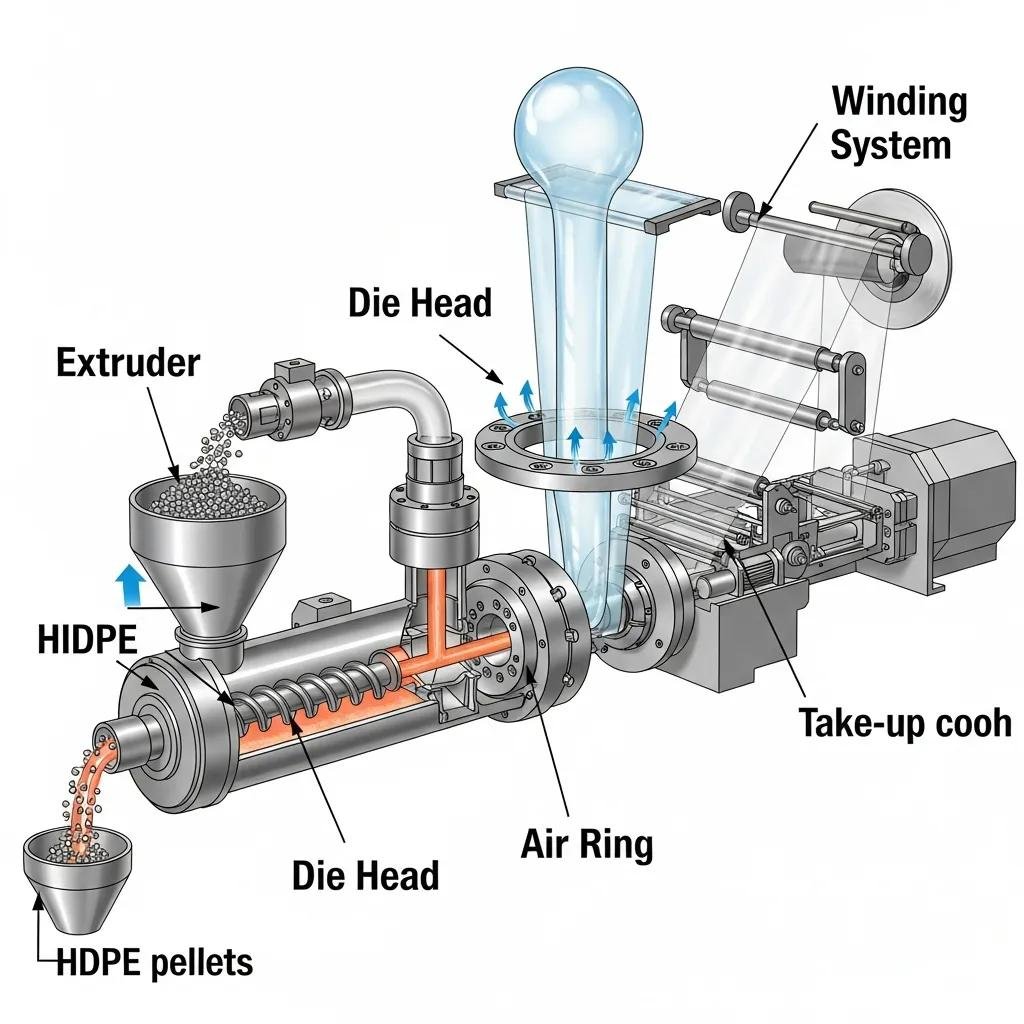 Diagram of HDPE blown film machine components, including extruder, die head, air ring, and winding system, illustrating the process of producing high-density polyethylene film.