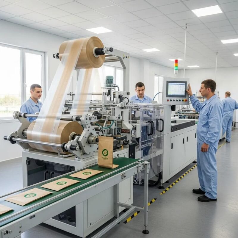 Modern bio bag making machine producing biodegradable bags in a clean, eco-friendly environment