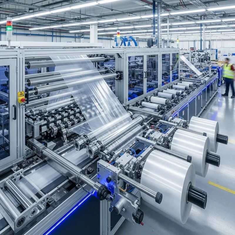 Modern cast stretch film machine producing clear and strong stretch film in a manufacturing environment