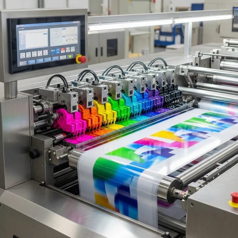 Modern flexo printing machine with colorful plastic films, showcasing the printing process and technology