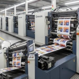 Modern flexographic and gravure printing press showcasing vibrant packaging materials and colorful inks