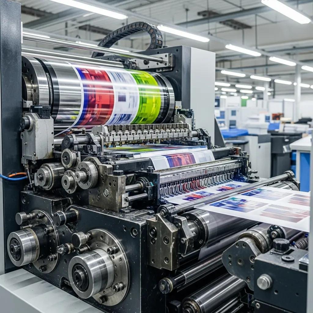 Modern gravure printing machine in action, showcasing vibrant color prints and advanced printing technology for high-quality graphics in flexible packaging.