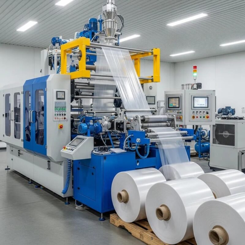 Modern HDPE blown film machine in action, producing plastic film in an industrial setting